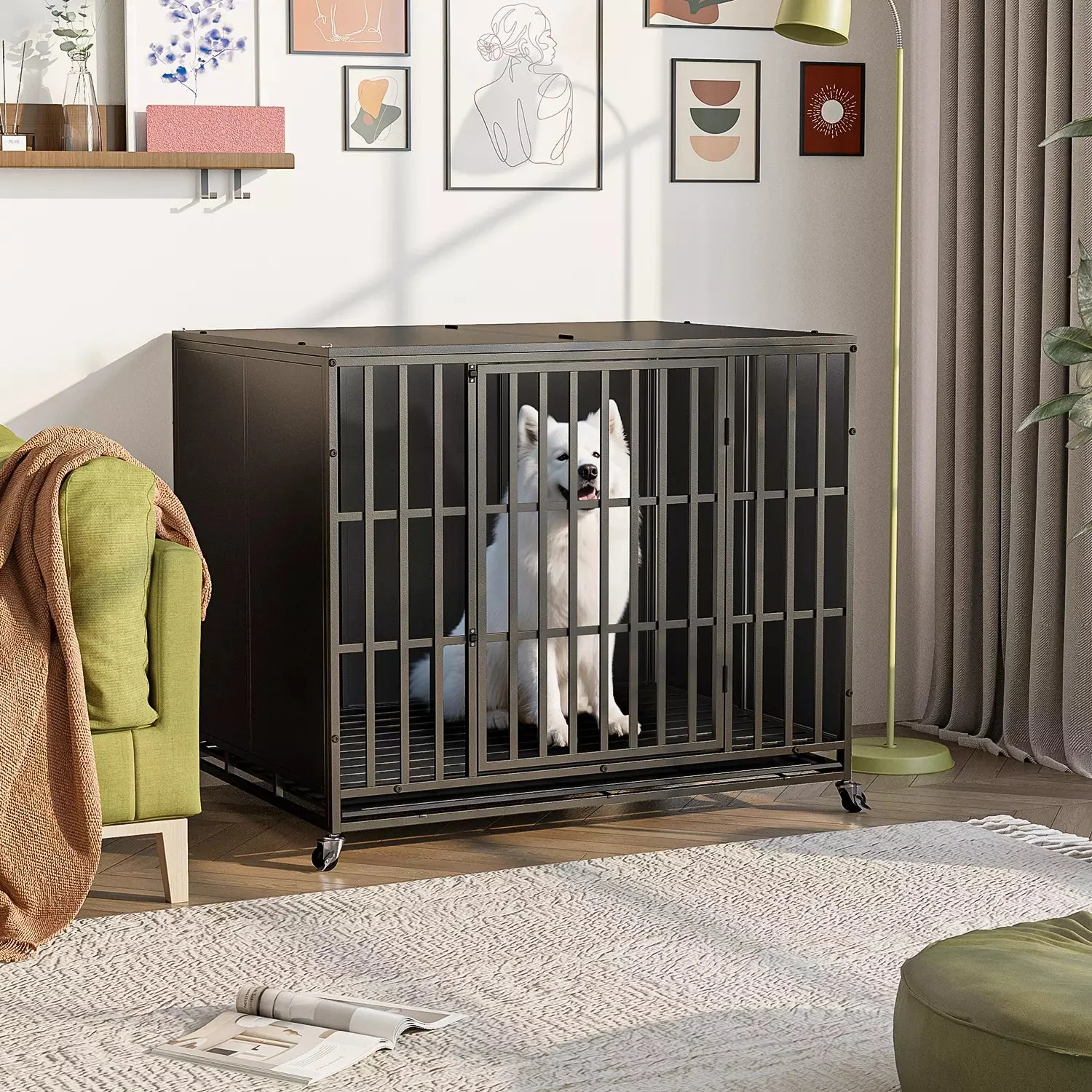 Waleaf Heavy Duty Indestructible Dog Crate with Locking Wheels,High Anxiety Enclosed Design Large Dog Cage for Large Dogs,Escape Proof&Removable Tray - Image 6