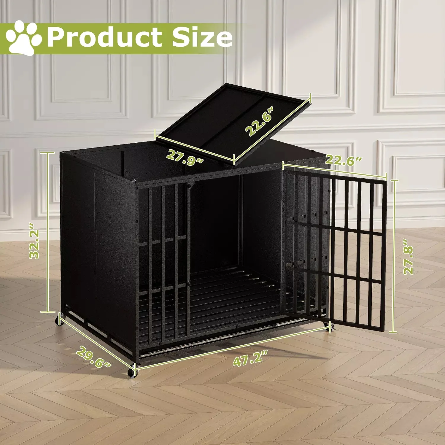 Waleaf Heavy Duty Indestructible Dog Crate with Locking Wheels,High Anxiety Enclosed Design Large Dog Cage for Large Dogs,Escape Proof&Removable Tray - Image 7