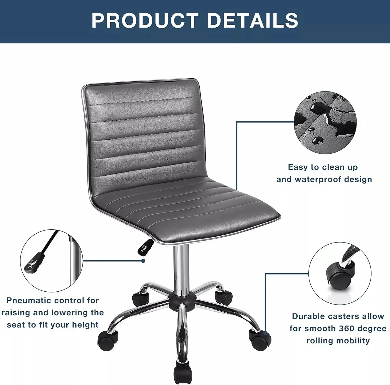 WALEAF Mid-Back Height Adjustable Office Chair, Armless Swivel Task Chair - Image 27