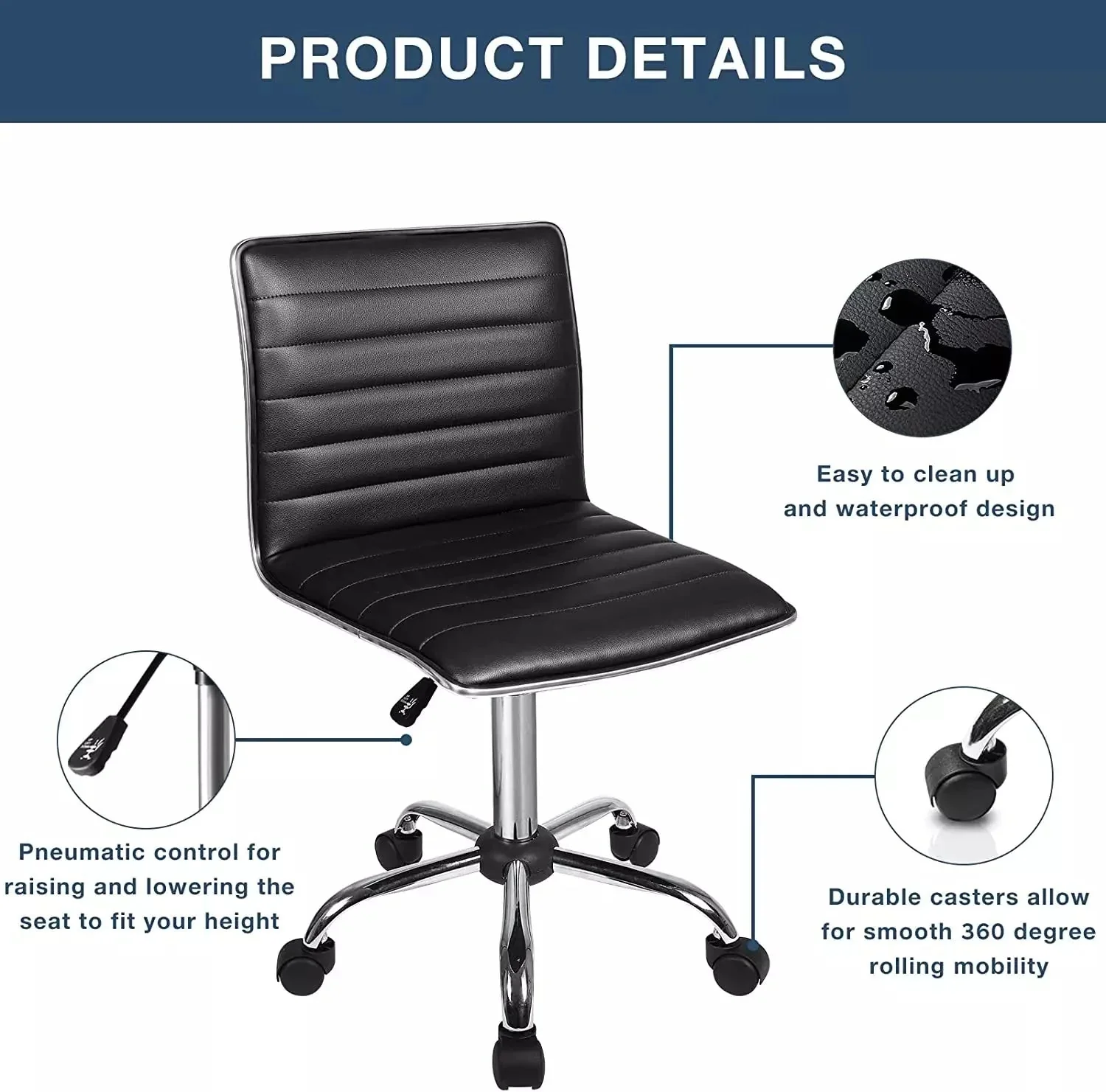 WALEAF Mid-Back Height Adjustable Office Chair, Armless Swivel Task Chair - Image 6