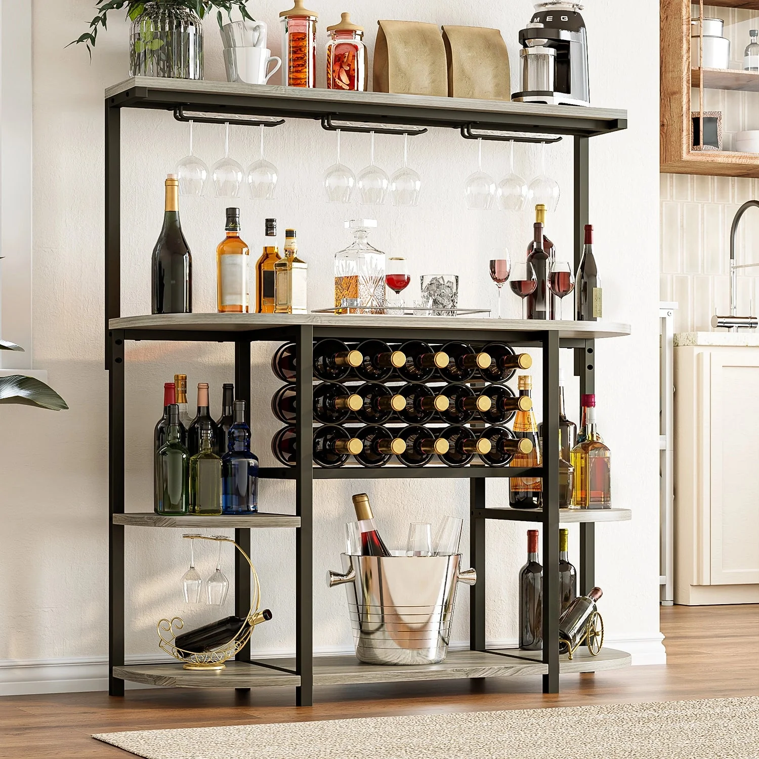 Waleaf 4-Tier Wine Bar Cabinet with Glass Holder, Floor Standing Metal Home Wine Rack Storage for 15 Bottles and 9 Glasses, Coffee Bar for Kitchen, Dining Room, Gray