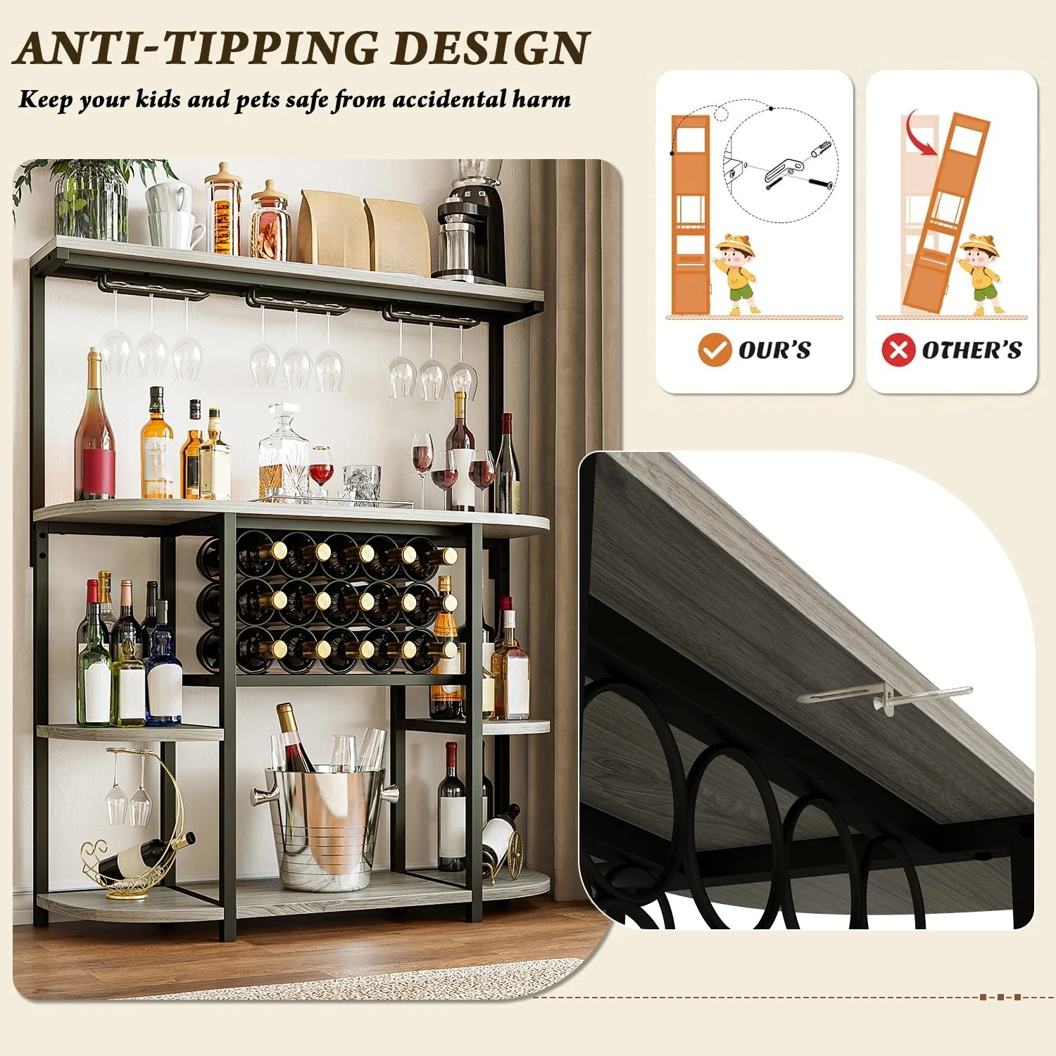Waleaf 4-Tier Wine Bar Cabinet with Glass Holder, Floor Standing Metal Home Wine Rack Storage for 15 Bottles and 9 Glasses, Coffee Bar for Kitchen, Dining Room, Gray - Image 2