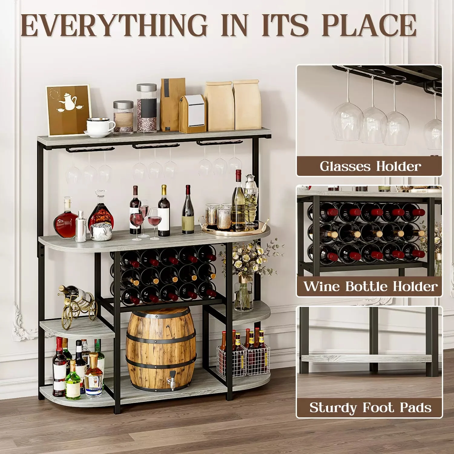 Waleaf 4-Tier Wine Bar Cabinet with Glass Holder, Floor Standing Metal Home Wine Rack Storage for 15 Bottles and 9 Glasses, Coffee Bar for Kitchen, Dining Room, Gray - Image 3