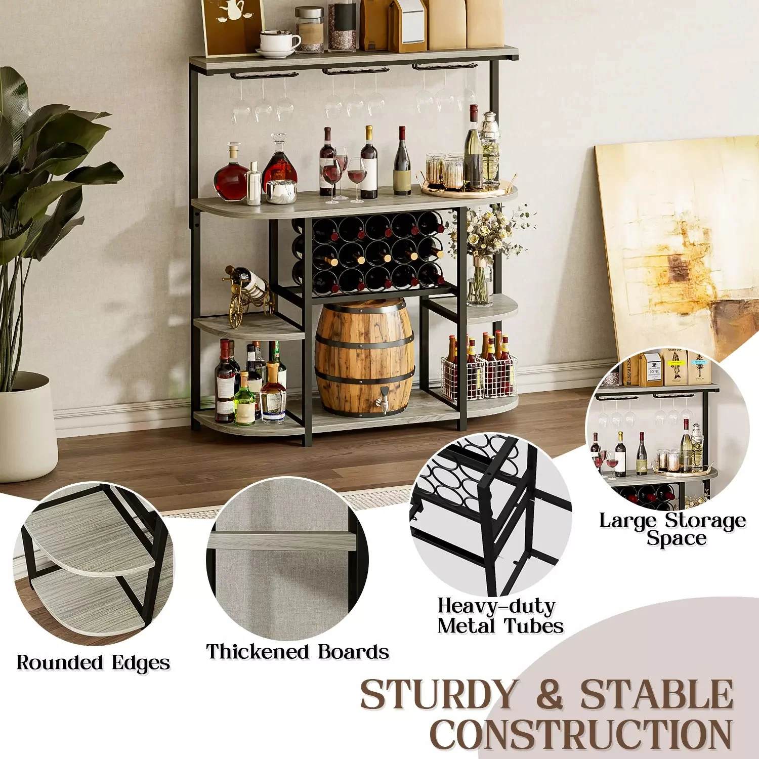 Waleaf 4-Tier Wine Bar Cabinet with Glass Holder, Floor Standing Metal Home Wine Rack Storage for 15 Bottles and 9 Glasses, Coffee Bar for Kitchen, Dining Room, Gray - Image 4