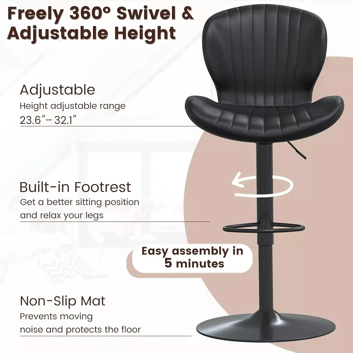 Waleaf Modern Adjustable Bar Stools,Leather Upholstered Swivel Counter Stools - Image 13