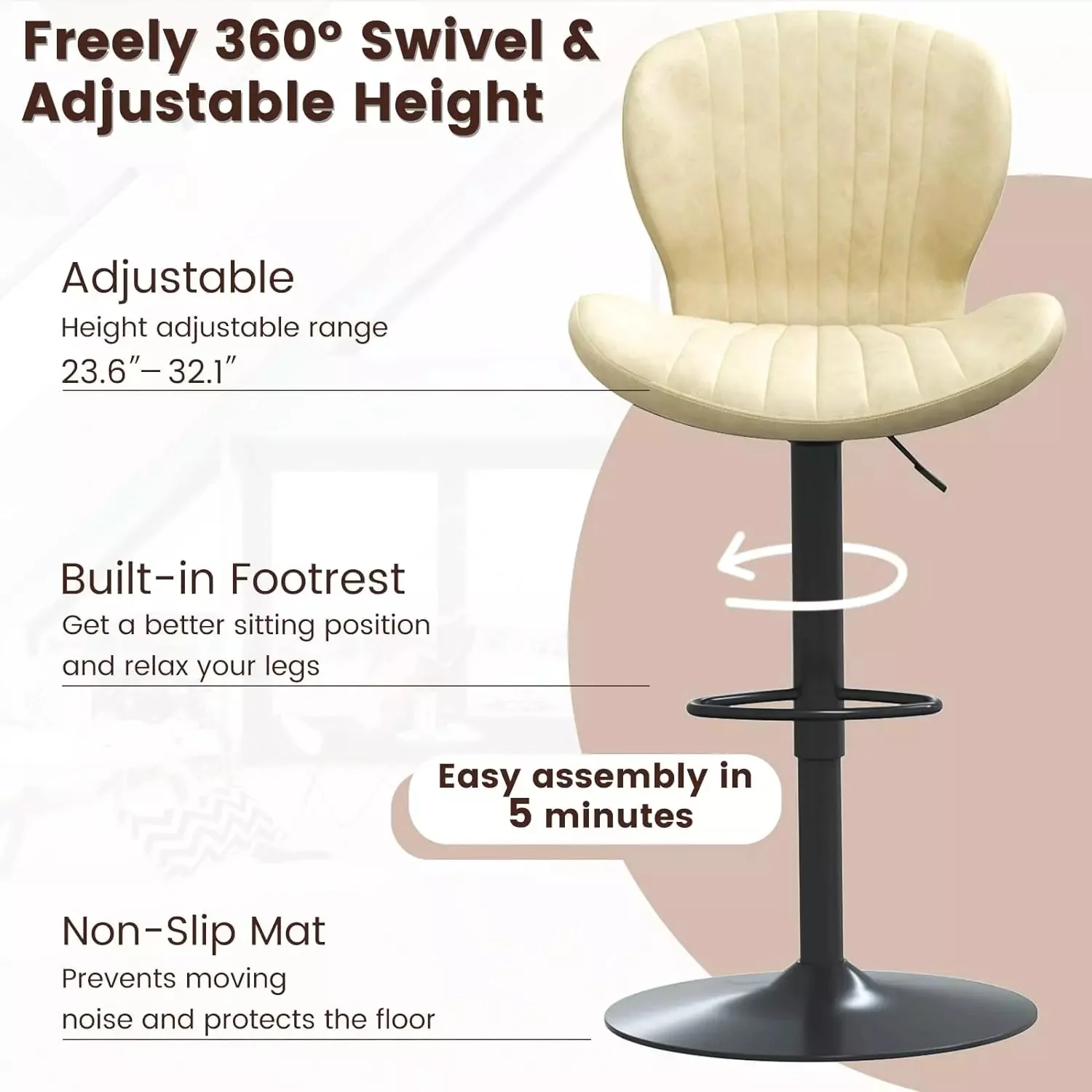 Waleaf Modern Adjustable Bar Stools,Leather Upholstered Swivel Counter Stools - Image 20