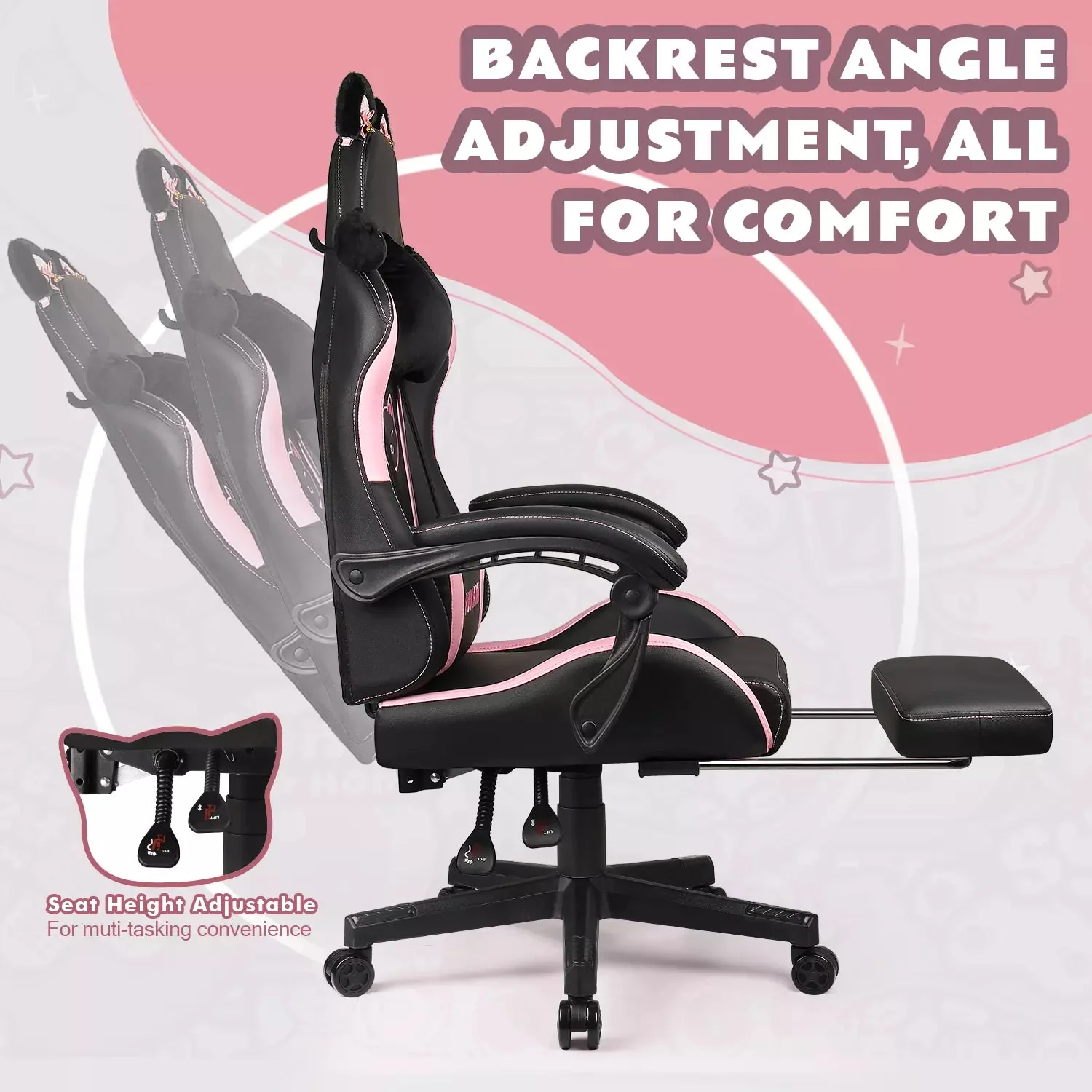 BOSSIN Pink Gaming Chair,Ergonomic Computer Chair for adult with Cat Paw Lumbar Cushion and Cat Ears - Image 10