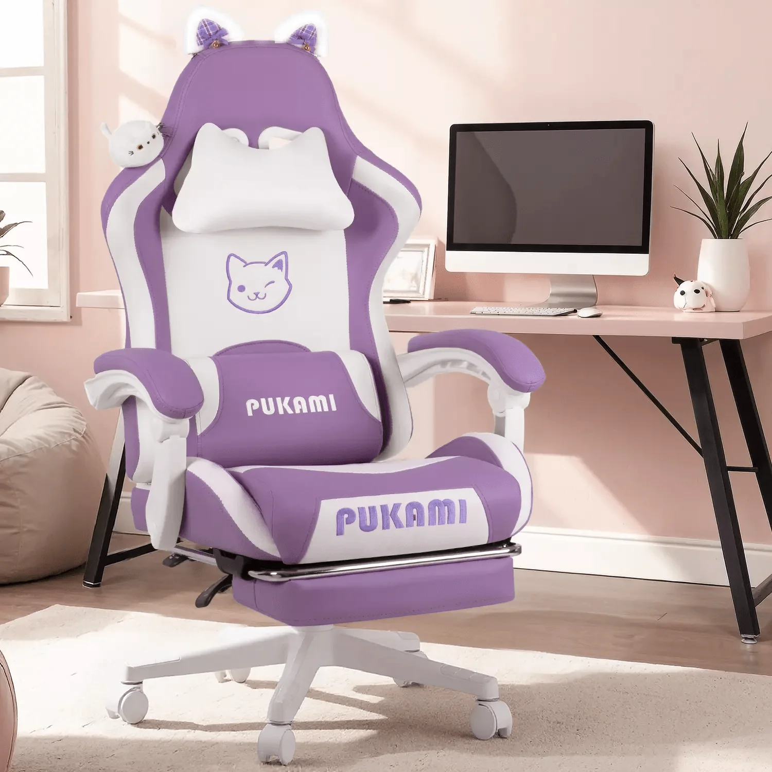 BOSSIN Pink Gaming Chair,Ergonomic Computer Chair for adult with Cat Paw Lumbar Cushion and Cat Ears - Image 30