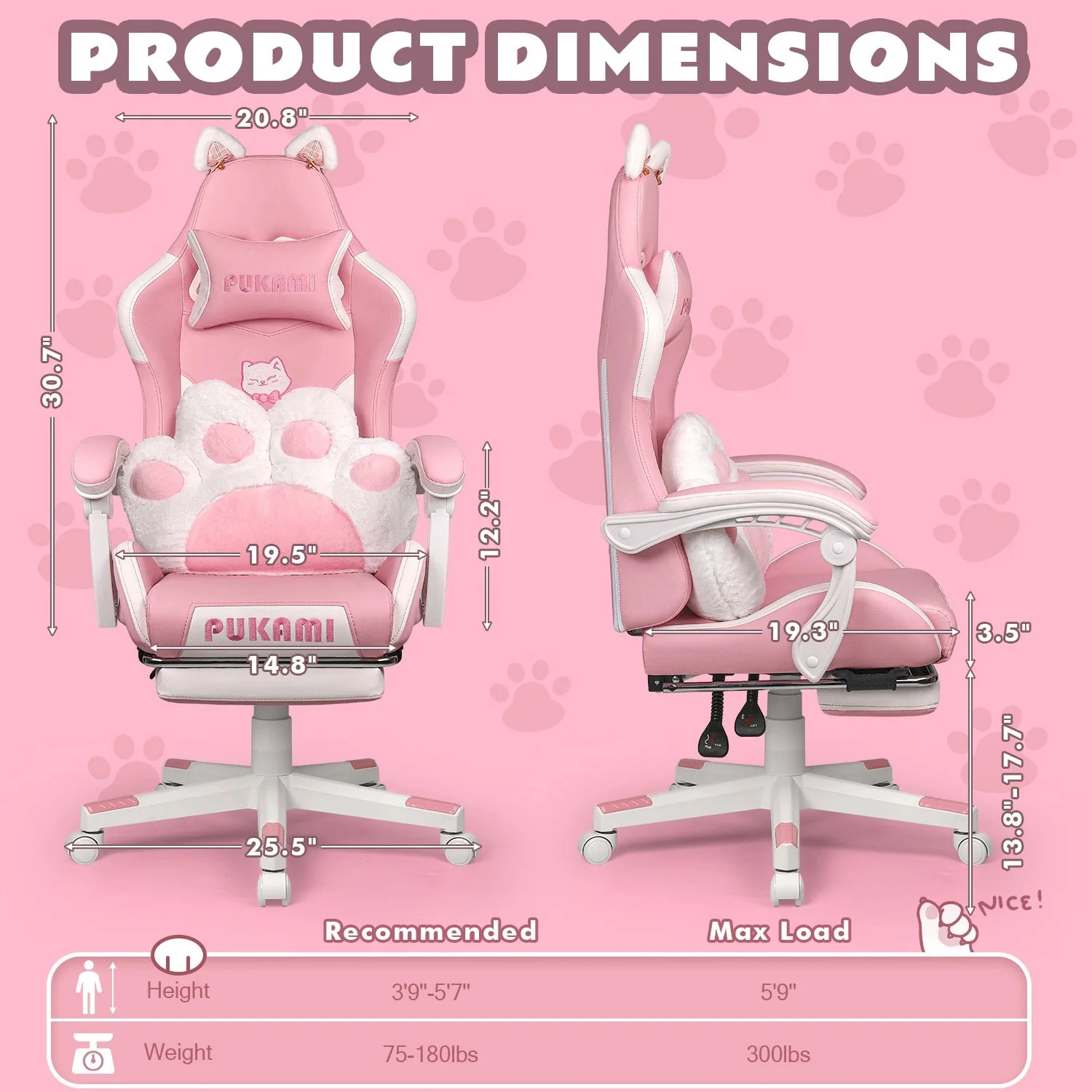 BOSSIN Pink Gaming Chair,Ergonomic Computer Chair for adult with Cat Paw Lumbar Cushion and Cat Ears - Image 7