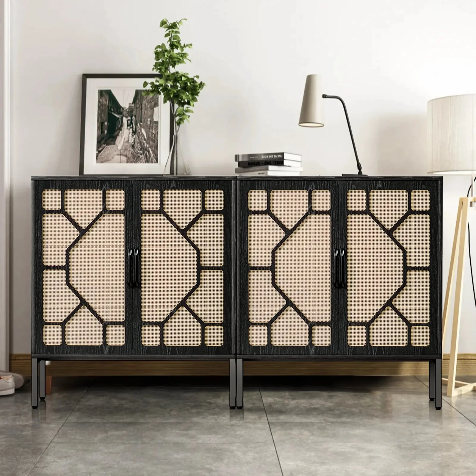 WALEAF Rattan Cabinet Sideboard Buffet Cabinet, Black Rattan Storage Cabient