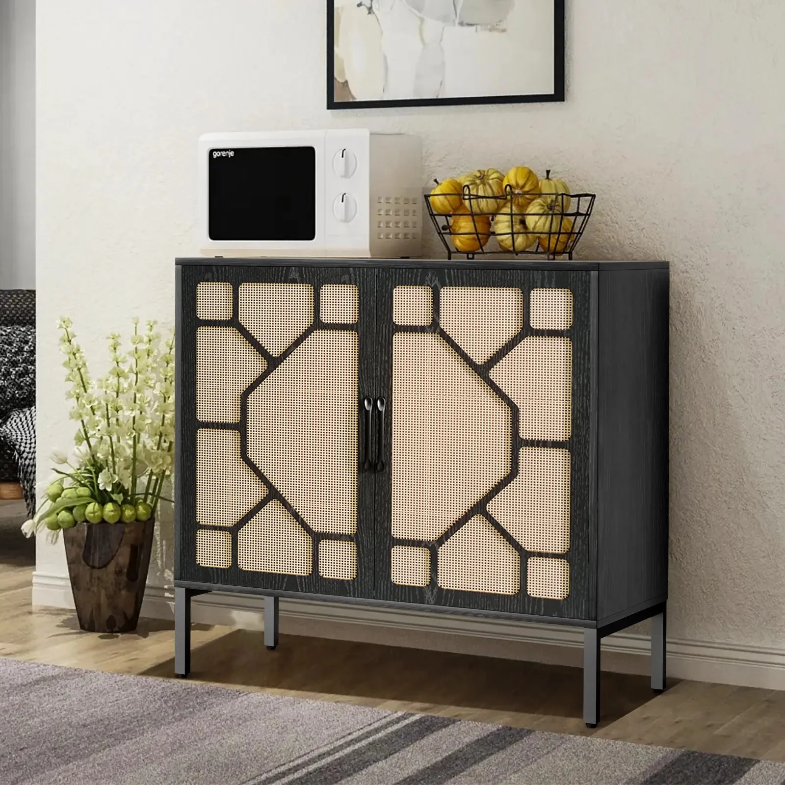 WALEAF Rattan Cabinet Sideboard Buffet Cabinet, Black Rattan Storage Cabient - Image 2