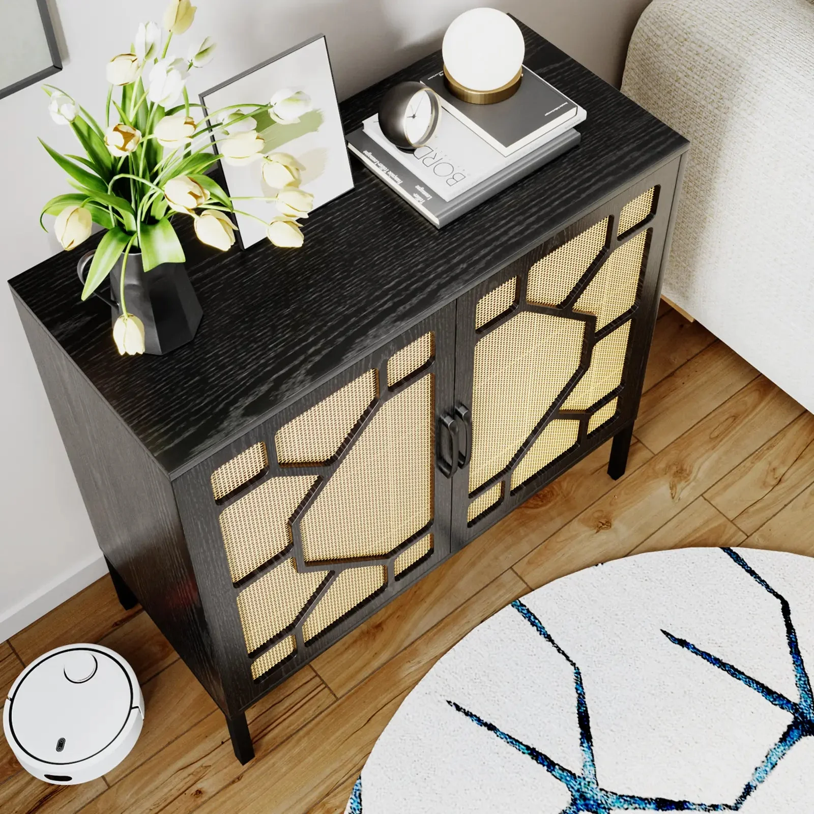 WALEAF Rattan Cabinet Sideboard Buffet Cabinet, Black Rattan Storage Cabient - Image 3
