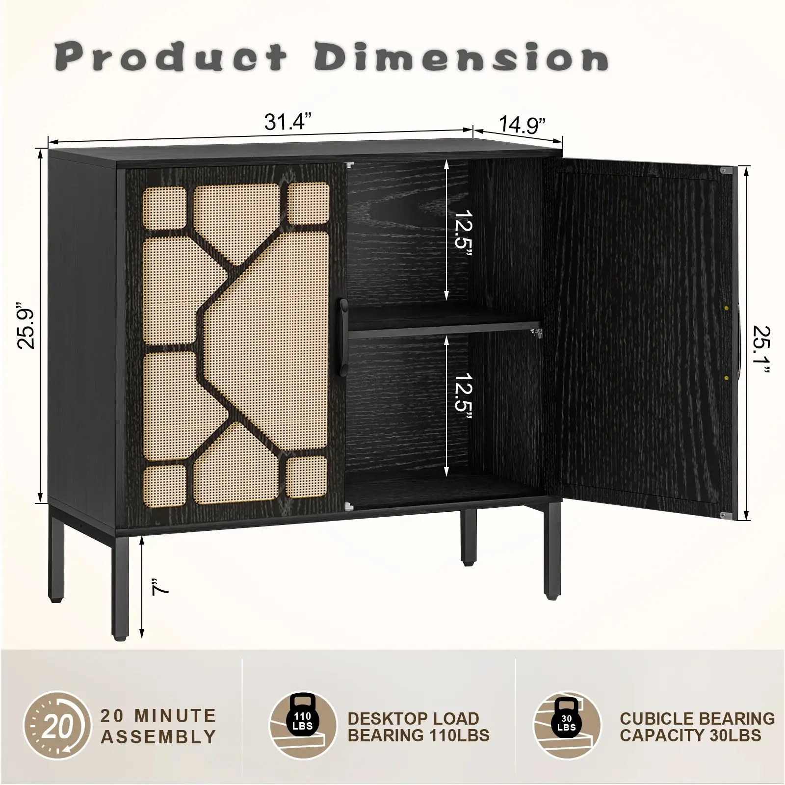 WALEAF Rattan Cabinet Sideboard Buffet Cabinet, Black Rattan Storage Cabient - Image 4