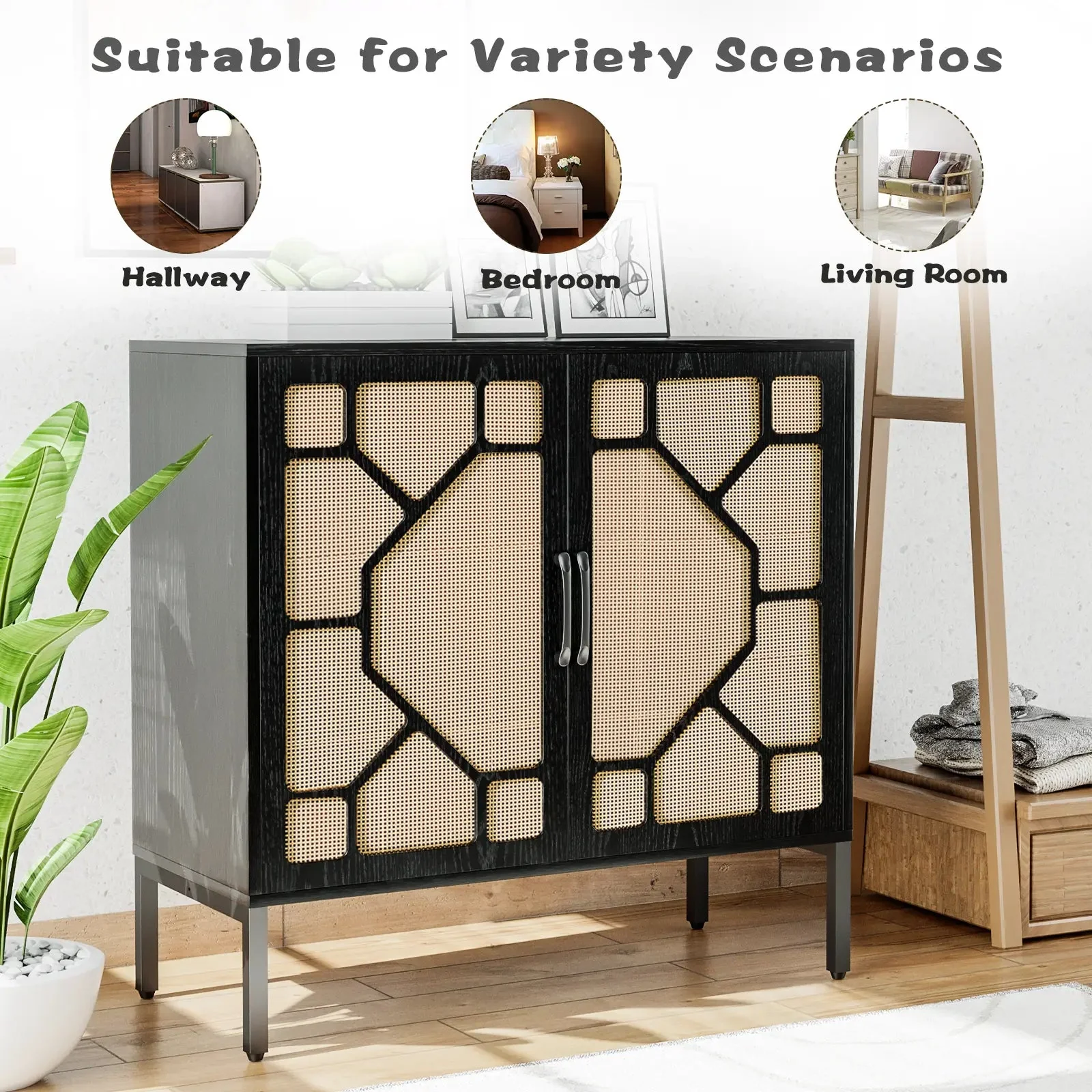 WALEAF Rattan Cabinet Sideboard Buffet Cabinet, Black Rattan Storage Cabient - Image 6