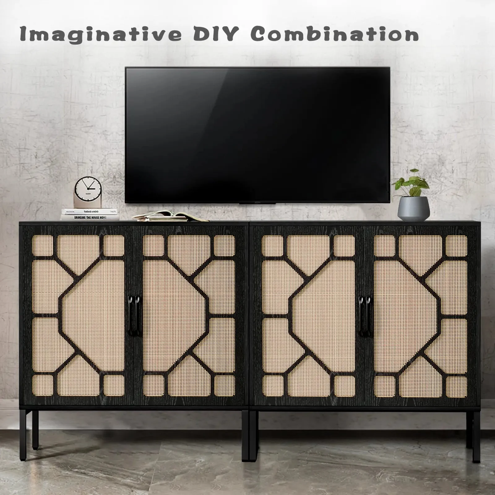 WALEAF Rattan Cabinet Sideboard Buffet Cabinet, Black Rattan Storage Cabient - Image 7