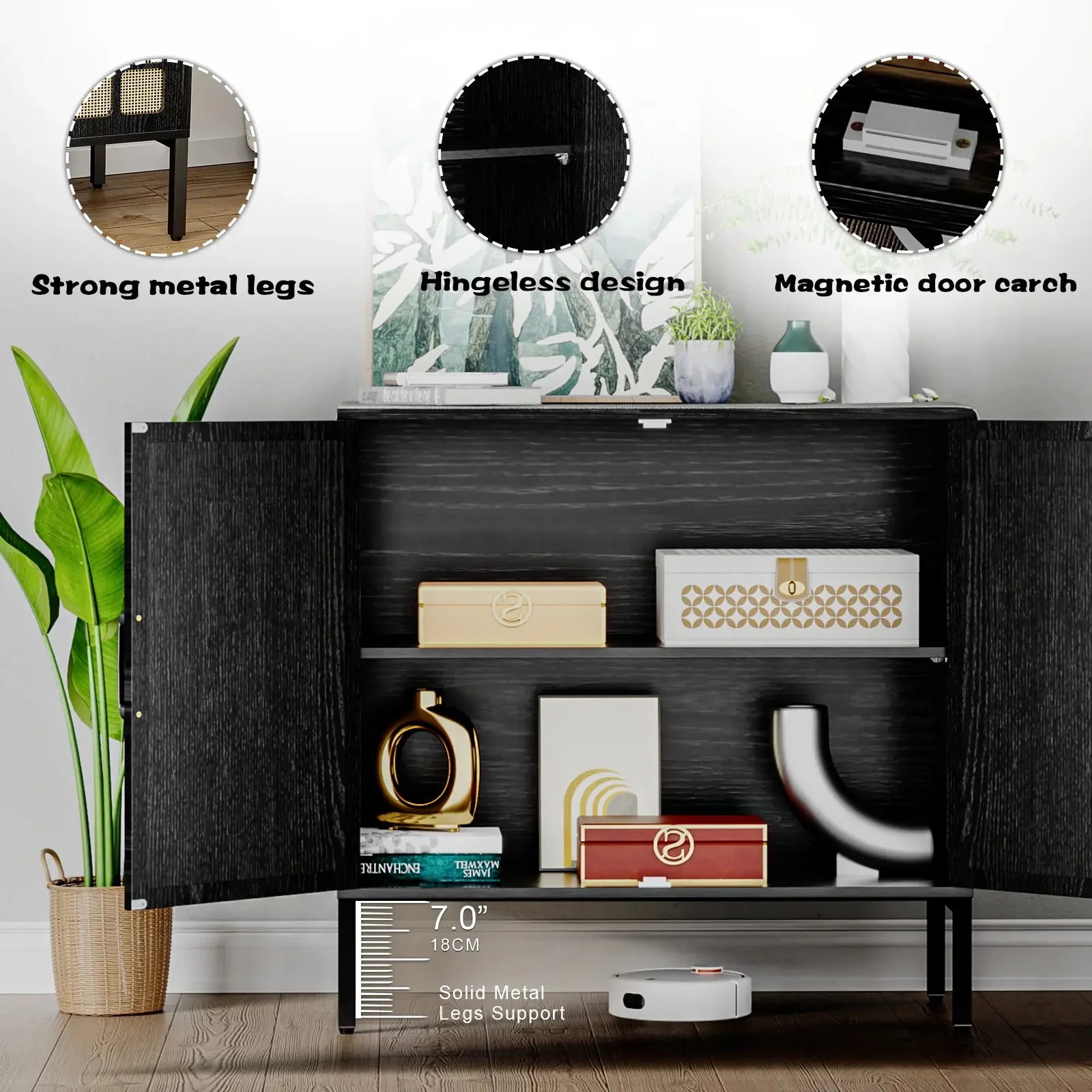 WALEAF Rattan Cabinet Sideboard Buffet Cabinet, Black Rattan Storage Cabient - Image 8