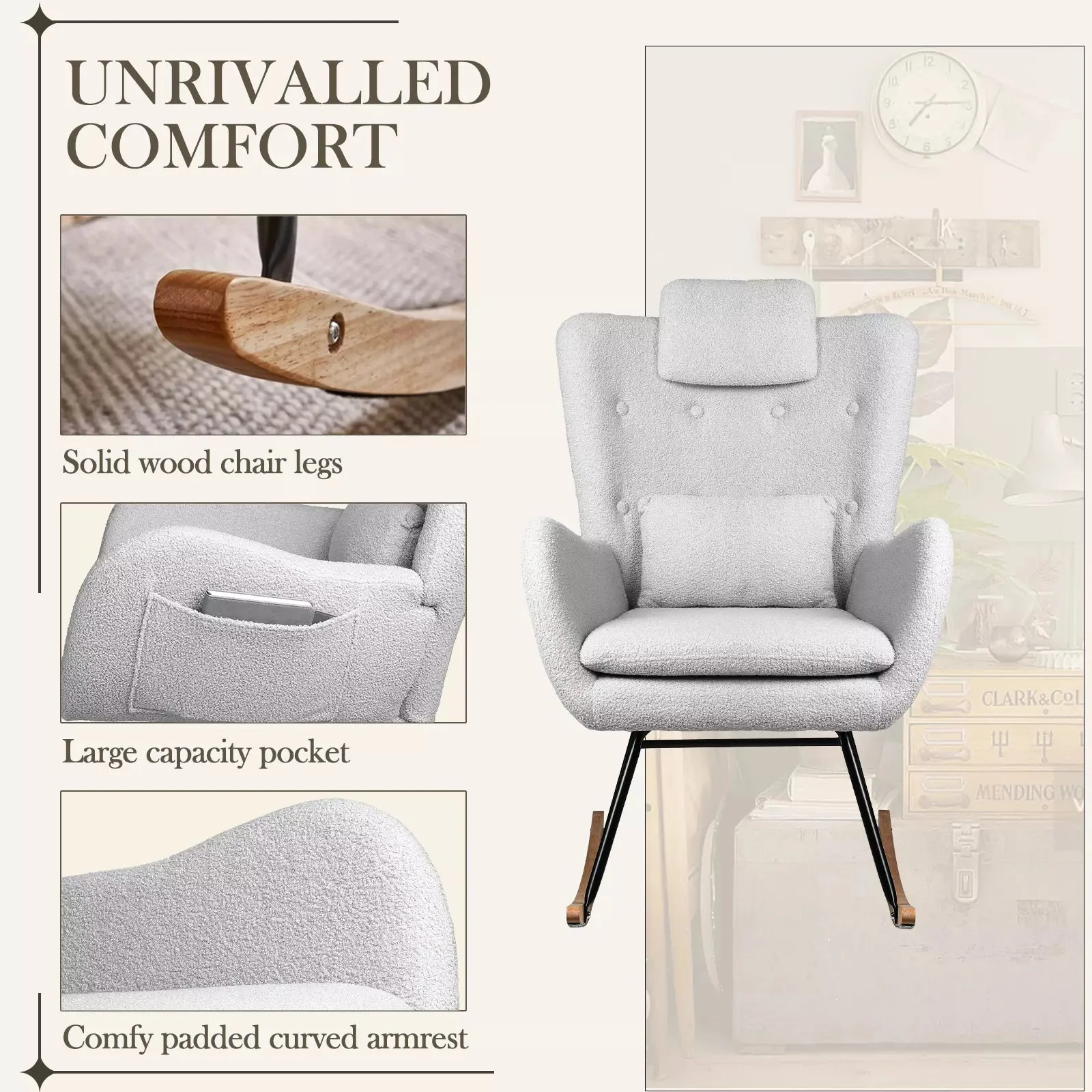 Waleaf Rocking Chair Nursery Rocker Teddy Upholstered Rocking Chair Indoor - Image 12