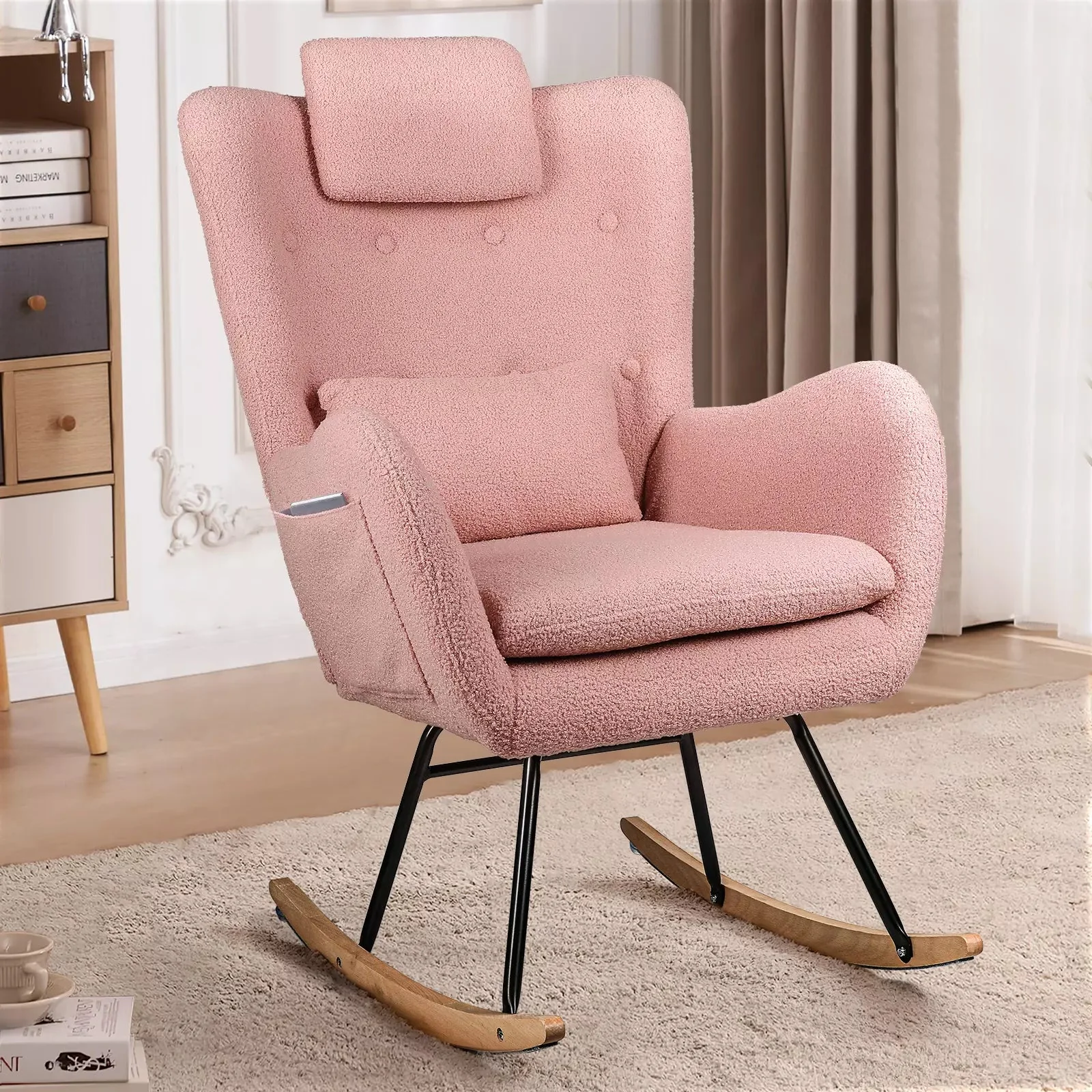 Waleaf Rocking Chair Nursery Rocker Teddy Upholstered Rocking Chair Indoor - Image 15