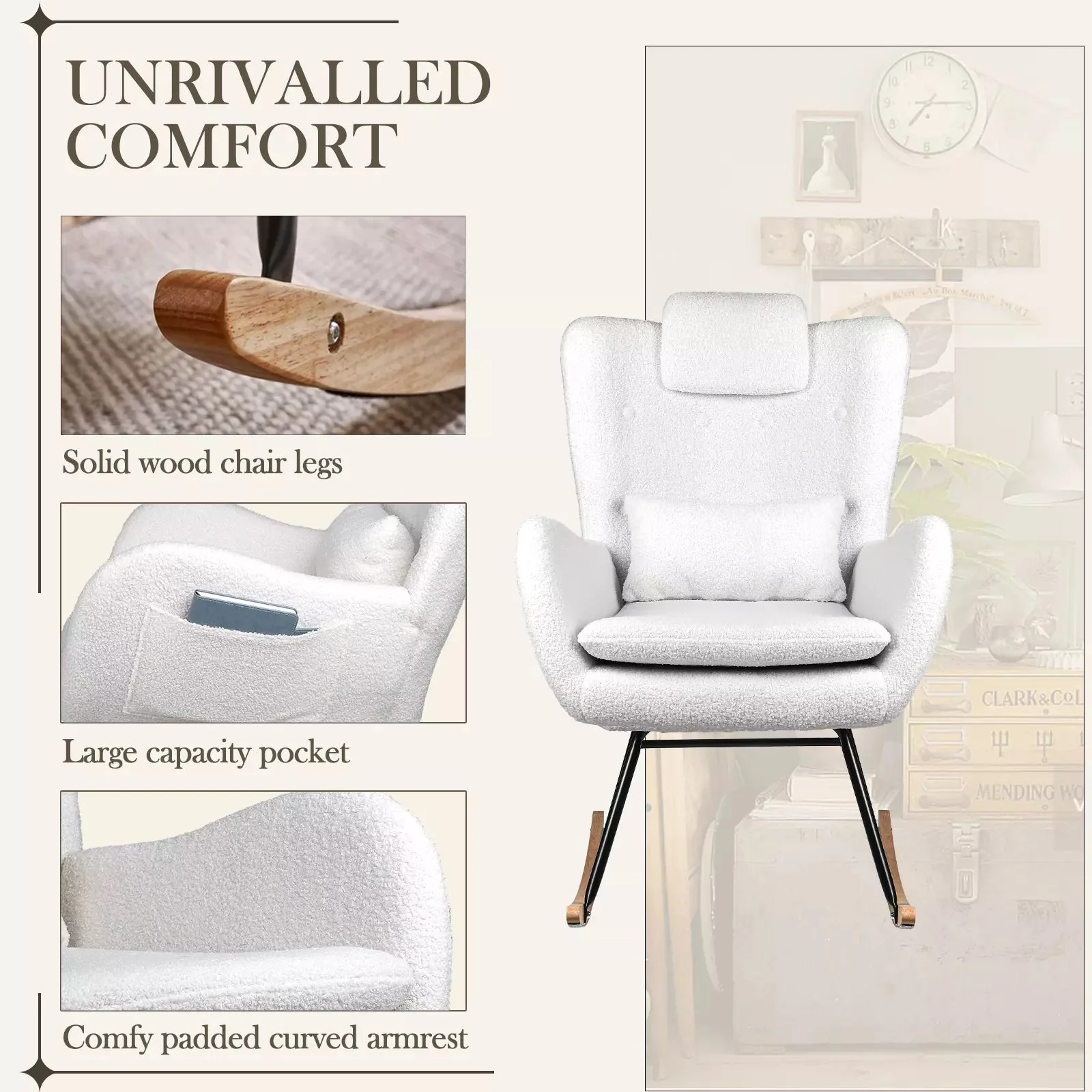Waleaf Rocking Chair Nursery Rocker Teddy Upholstered Rocking Chair Indoor - Image 26