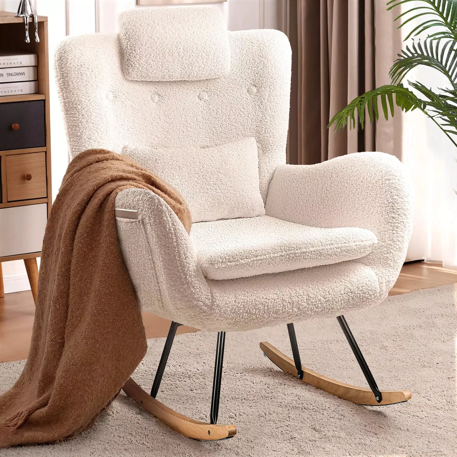 Waleaf Rocking Chair Nursery Rocker Teddy Upholstered Rocking Chair Indoor - Image 29