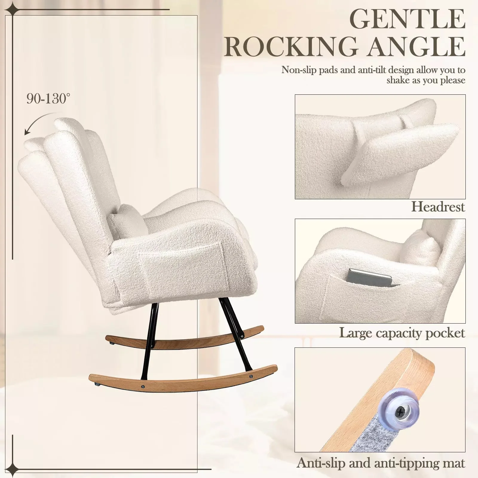 Waleaf Rocking Chair Nursery Rocker Teddy Upholstered Rocking Chair Indoor - Image 31