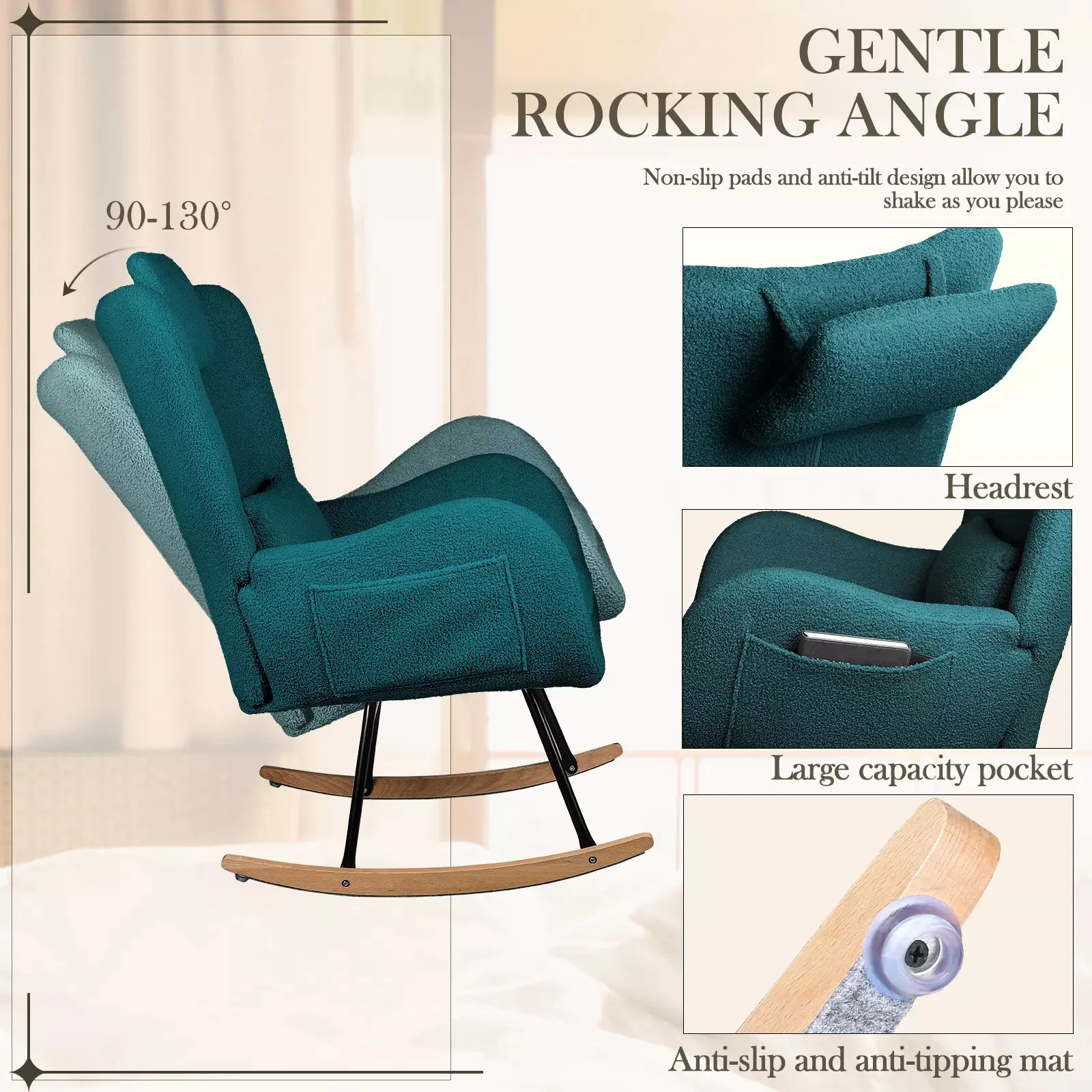 Waleaf Rocking Chair Nursery Rocker Teddy Upholstered Rocking Chair Indoor - Image 37
