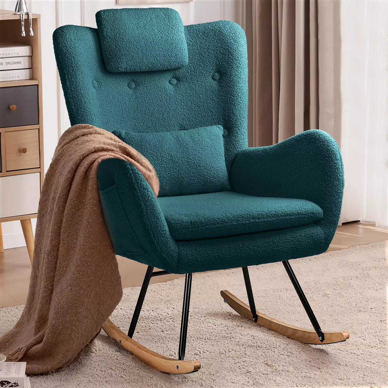 Waleaf Rocking Chair Nursery Rocker Teddy Upholstered Rocking Chair Indoor - Image 42