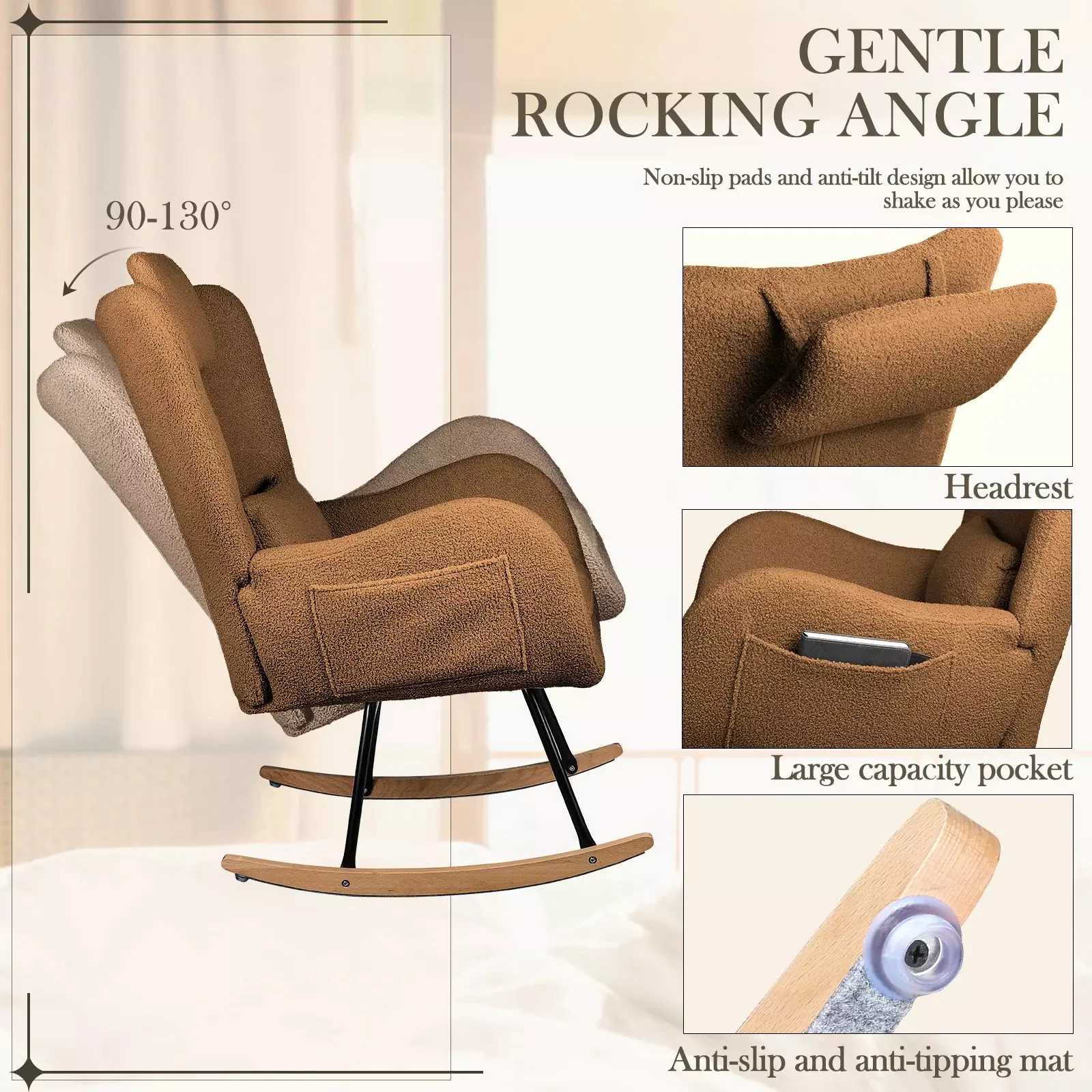 Waleaf Rocking Chair Nursery Rocker Teddy Upholstered Rocking Chair Indoor - Image 45