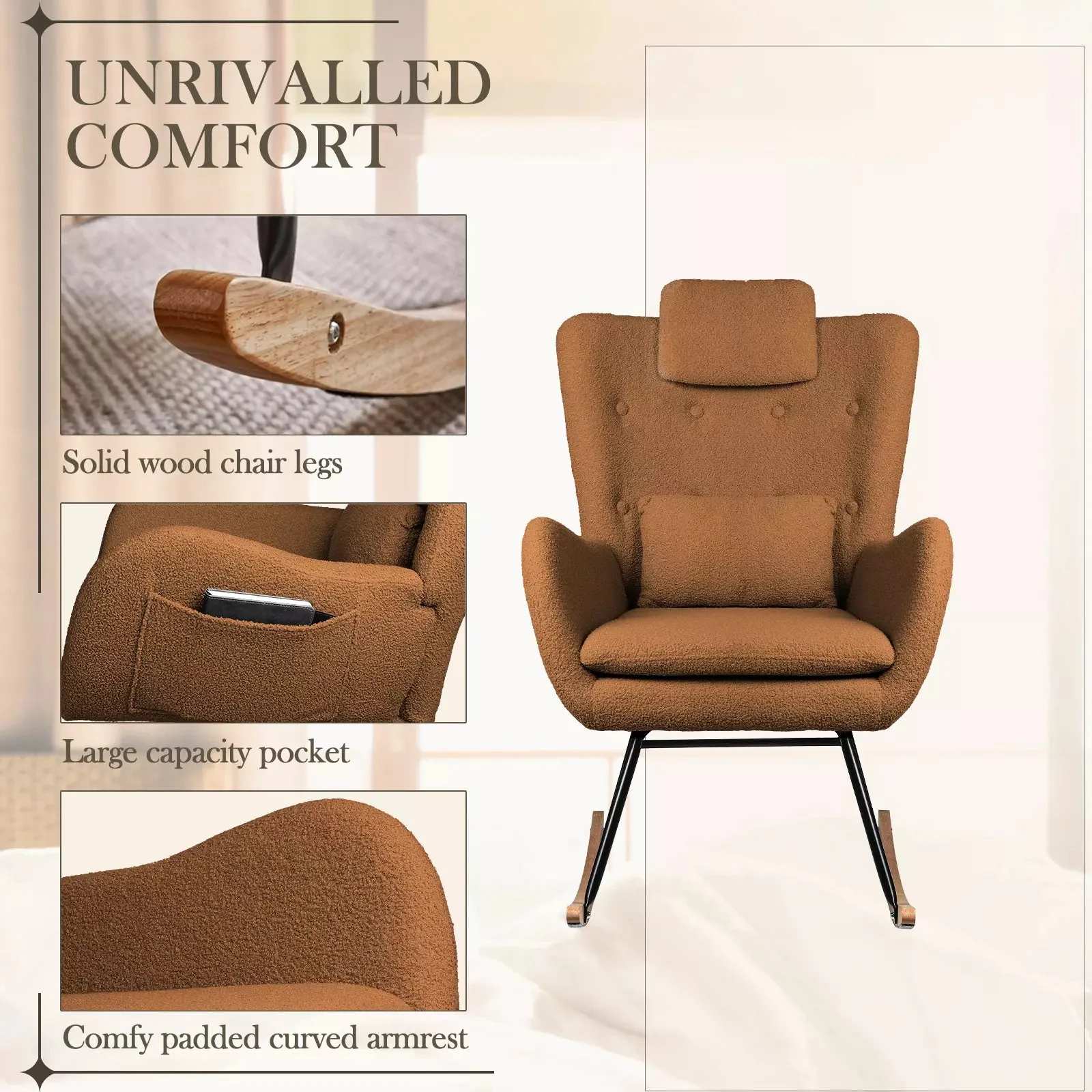 Waleaf Rocking Chair Nursery Rocker Teddy Upholstered Rocking Chair Indoor - Image 48