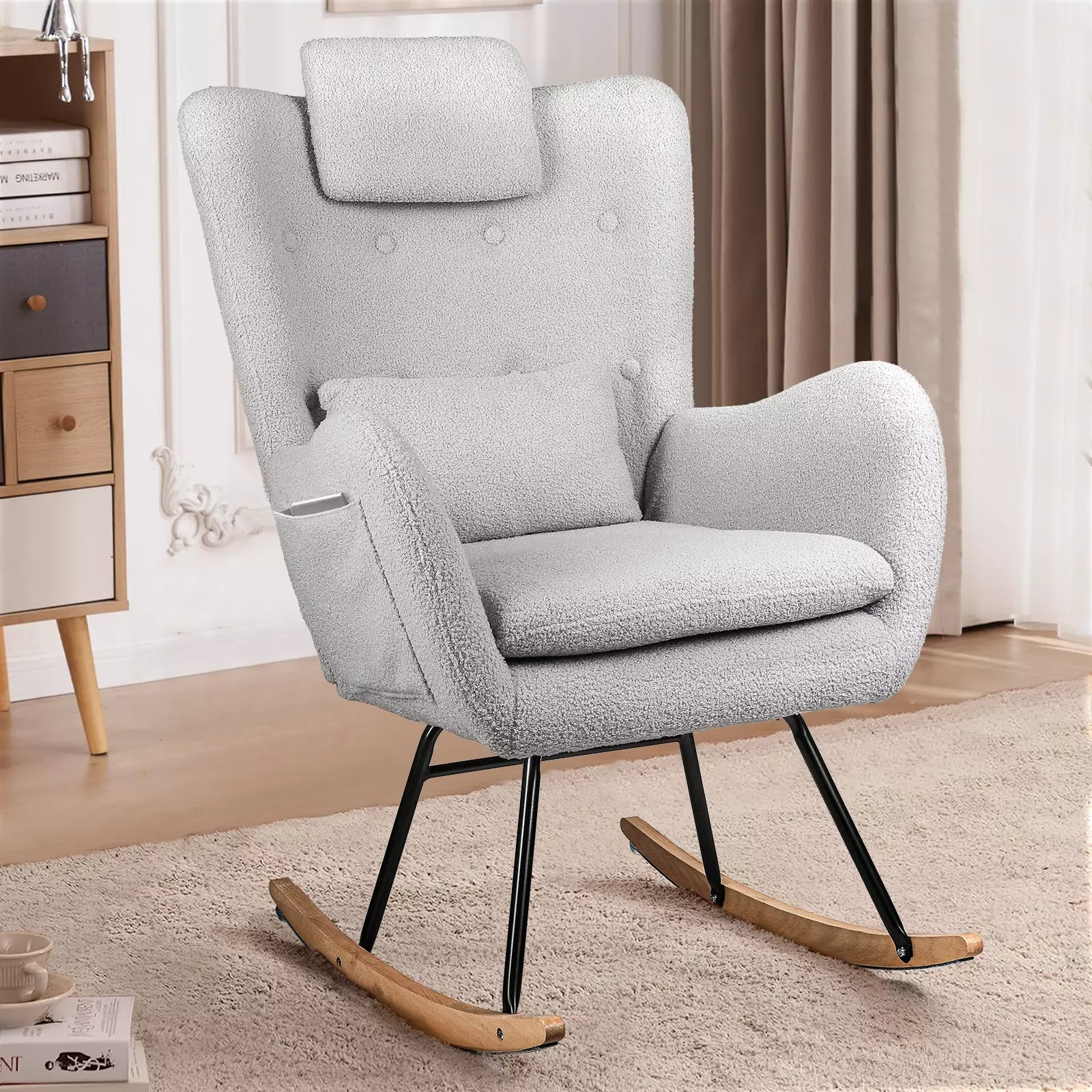 Waleaf Rocking Chair Nursery Rocker Teddy Upholstered Rocking Chair Indoor - Image 8