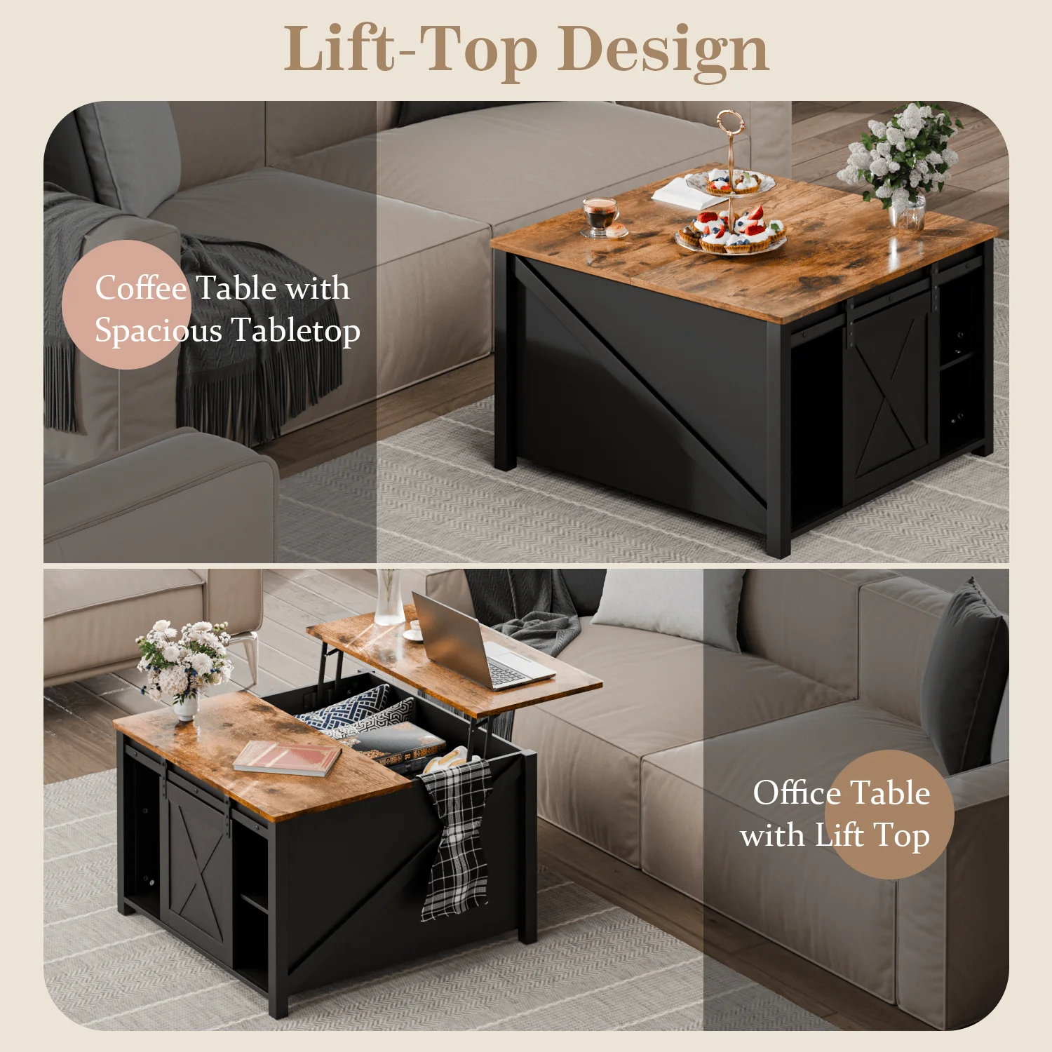 Waleaf Wooden Coffee Table, Lift Top Coffee Table with Large Hidden Storage Shelf for Living Room - Image 2