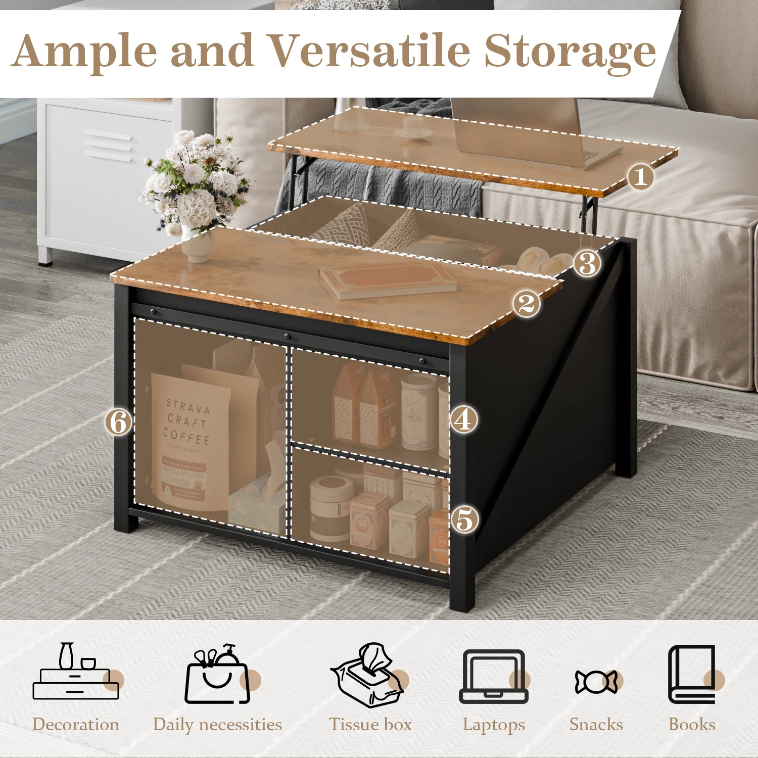 Waleaf Wooden Coffee Table, Lift Top Coffee Table with Large Hidden Storage Shelf for Living Room - Image 3