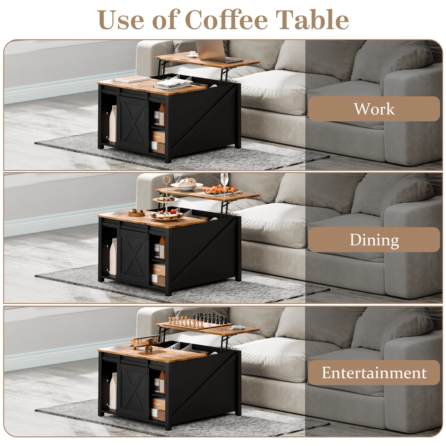Waleaf Wooden Coffee Table, Lift Top Coffee Table with Large Hidden Storage Shelf for Living Room - Image 5